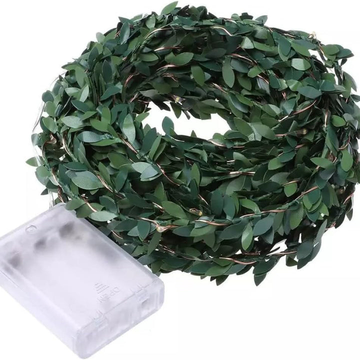 VibeCore copper leaf garland string lights package includes a 2m garland with 100 warm white LEDs, battery pack, and instructions for easy setup and use.
