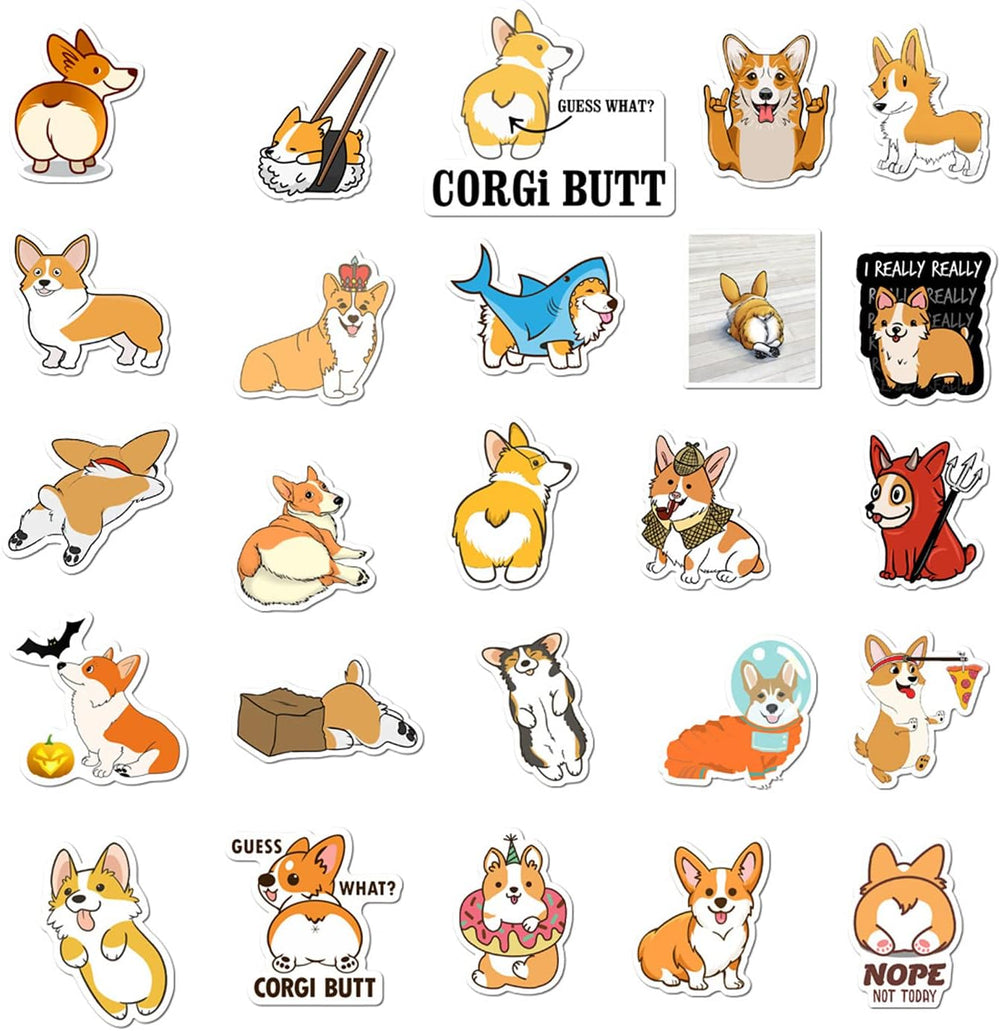 VibeCore Corgi Stickers 25 Unique Stickers pack featuring a collection of adorable corgi dog designs, perfect for customizing laptops, water bottles, and more.
