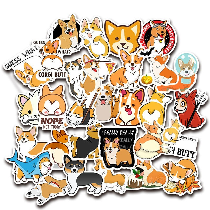 VibeCore Corgi Stickers Cluster featuring a playful mix of cute corgi dog stickers, perfect for personalizing laptops, water bottles, and other accessories.