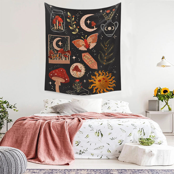 VibeCore Cosmic Bloom Tapestry Above Bed
