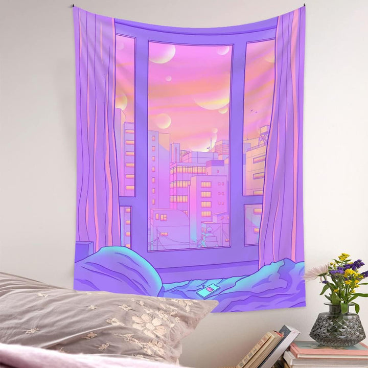 VibeCore Cosmic Gateway Tapestry Hanging In Bedroom
