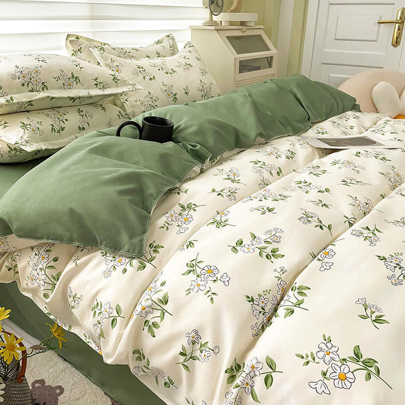 Close-up aerial view of the VibeCore Aesthetic Chamomile Flower Duvet Cover Set, highlighting the intricate chamomile flower design and soft internal sage green fabric texture of the duvet cover, perfect for bringing a natural, calming aesthetic to your bedroom.