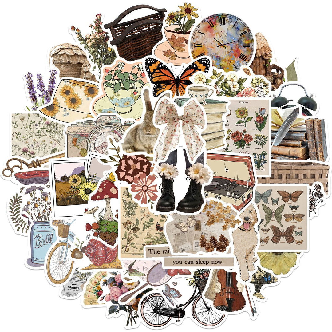 VibeCore Cottagecore Stickers Circular Cluster featuring 50 vintage, rustic, nature-inspired designs. Perfect for customizing laptops, phones, water bottles, and accessories. Cozy, cute, vibrant, and removable.