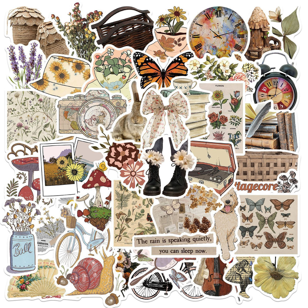 VibeCore Cottagecore Stickers Square Cluster with 50 vintage, rustic, nature-inspired designs. Ideal for personalizing laptops, phones, water bottles, and accessories. Cozy, cute, and removable.