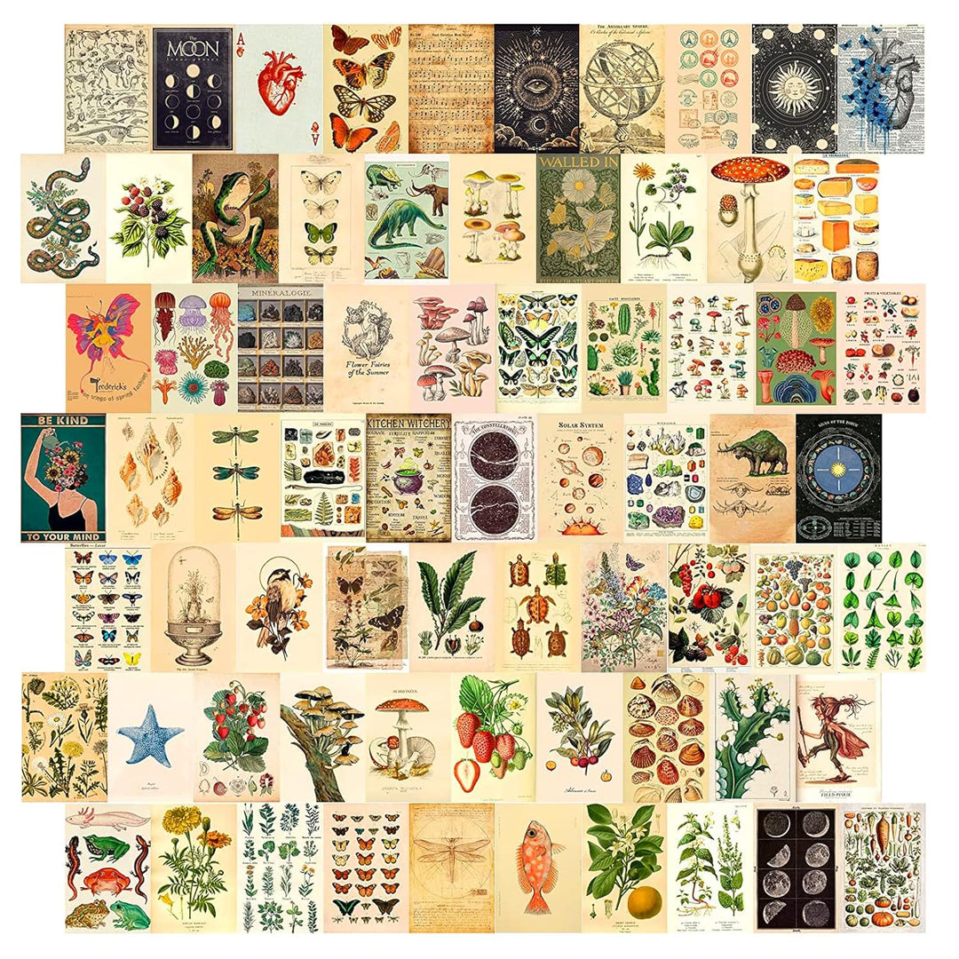 VibeCore Cottagecore Wall Collage Kit showcasing half of the posters with 70 vintage-inspired prints featuring delicate nature designs. Perfect for dorm room, bedroom, cottagecore decor, vintage wall art, nature-inspired, dreamy, and aesthetic wall decor.