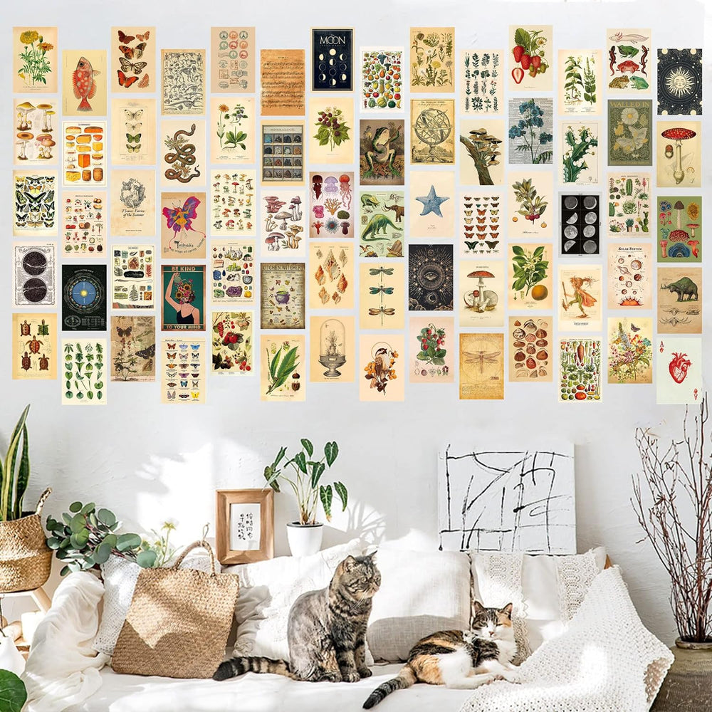 VibeCore Cottagecore Wall Collage Kit in living room featuring 70 vintage-inspired prints with delicate nature designs. Perfect for boho decor, vintage wall art, nature-inspired, cottagecore vibes, dreamy, nostalgic, and aesthetic living room styling.
