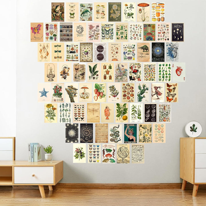 VibeCore Cottagecore Wall Collage Kit on wall featuring 70 vintage-inspired prints with delicate nature designs. Perfect for dorm room, bedroom, cottagecore decor, vintage wall art, nature-inspired, dreamy, and aesthetic wall decor.