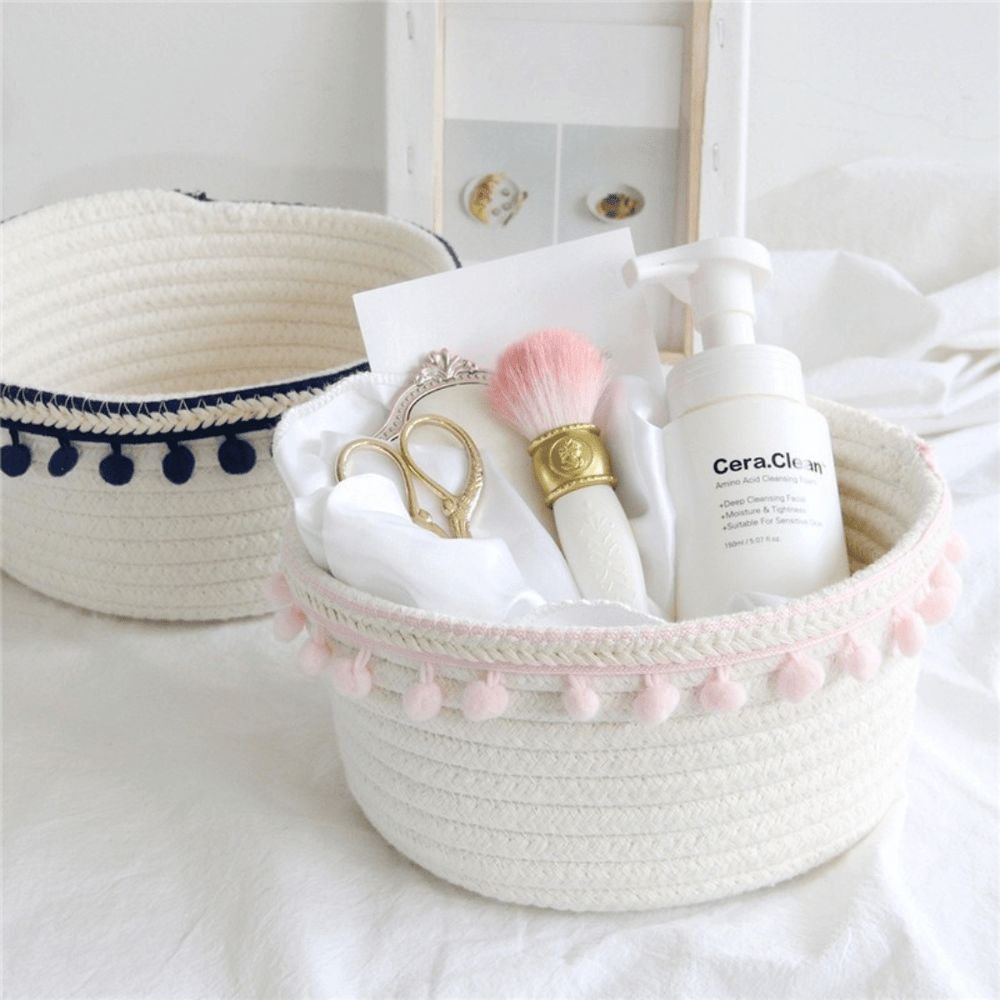 VibeCore Cotton Rope Storage Basket in light pink, close-up view with various products neatly stored inside, showcasing its eco-friendly, stylish design.