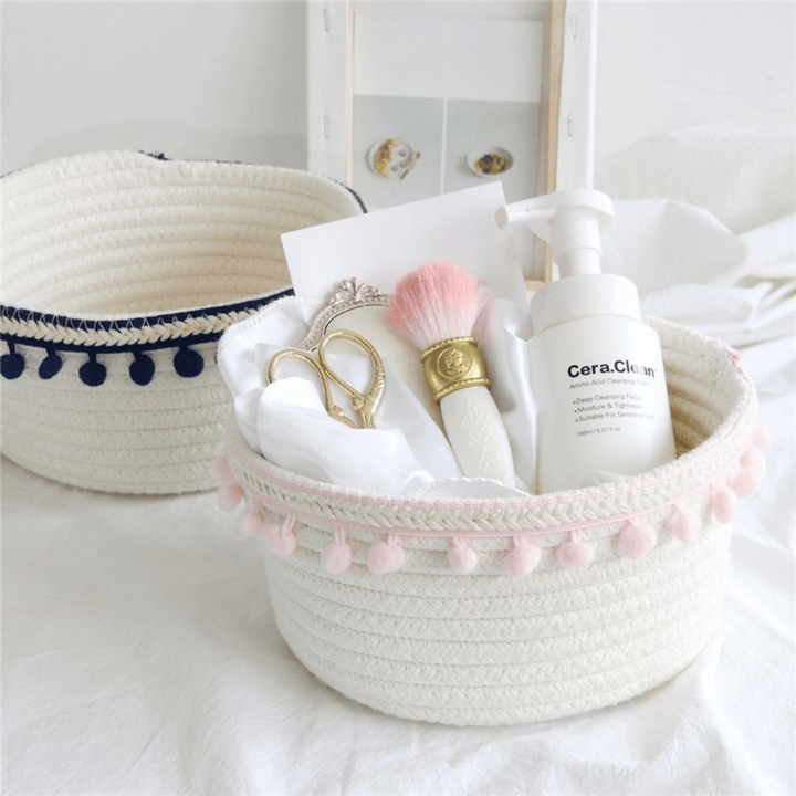 VibeCore Cotton Rope Storage Basket in light pink, close-up view with various products neatly stored inside, showcasing its eco-friendly, stylish design.