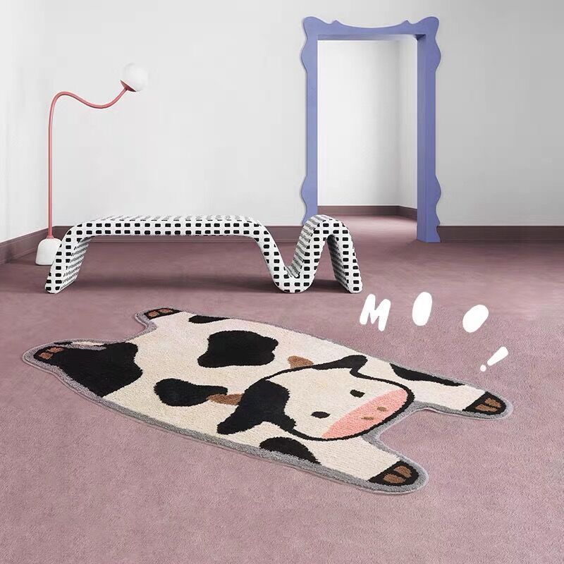 VibeCore Cow Accent Rug on the floor, displaying its plush texture and relaxed cow design, adding a cozy touch to the room.