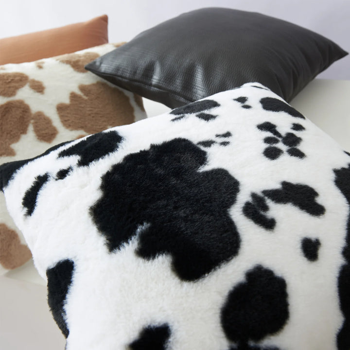 VibeCore Cow Print Throw Pillow Cover Black Close Up - Soft Polyester Cushion, Detailed Textured Tufted Design, Rustic Farmhouse Aesthetic, Cozy Decor for Sofa, Bed, Chair, Dorm Room, High-Quality Fabric