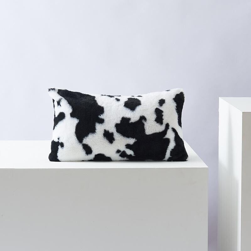 VibeCore Cow Print Throw Pillow Cover Black Rectangle - Soft Polyester Cushion, Textured Tufted Design, Rustic Farmhouse Aesthetic, Cozy Decor for Sofa, Bed, Chair, Dorm Room, Multiple Sizes Available