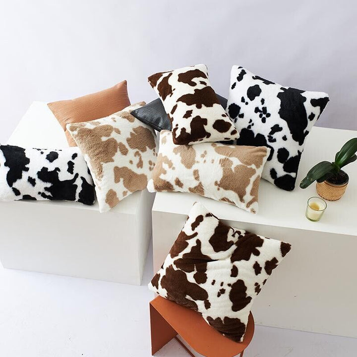VibeCore Cow Print Throw Pillow Cover - Top View of Black, Brown, and Beige Cow Patterns, Multiple Sizes, Soft Polyester Cushion, Textured Tufted Design, Rustic Farmhouse Aesthetic, Cozy Decor for Sofa, Bed, Chair, Dorm Room