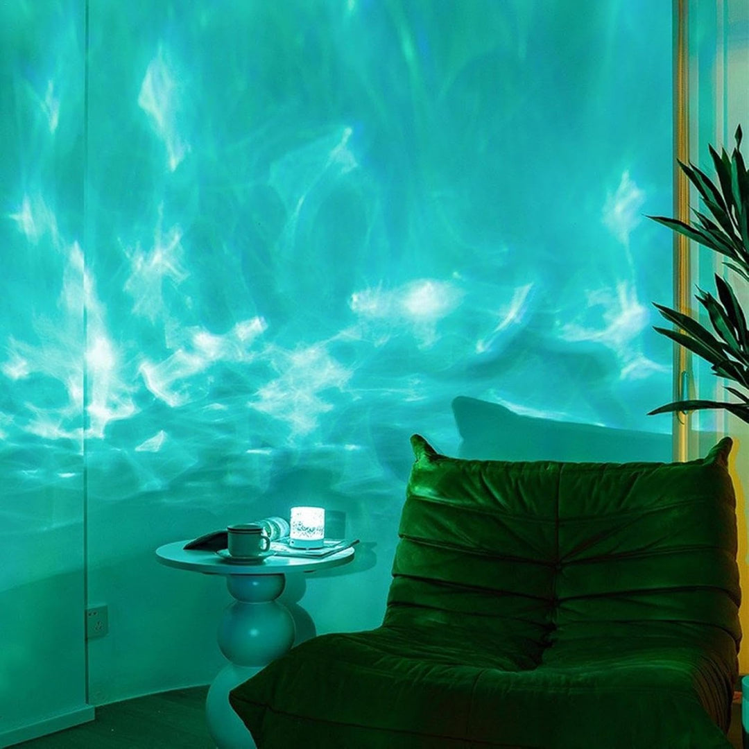 VibeCore Crystal Light Projector casting blue light in a living room, adding a vibrant, calming glow to the space. With 16 color options, touch control, and USB rechargeability, this projector is perfect for mood lighting, cozy vibes, and enhancing living room decor.