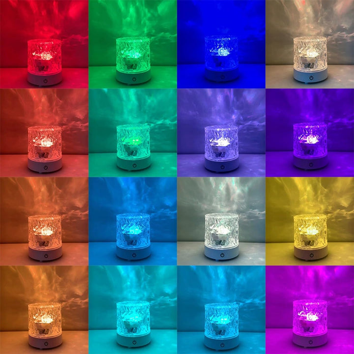 Close-up of the VibeCore Crystal Light Projector displaying 16 different light colors, highlighting its sleek design and touch control. USB rechargeable and portable, this projector adds vibrant, customizable mood lighting to teen rooms, dorm rooms, cozy spaces, and aesthetic decor.