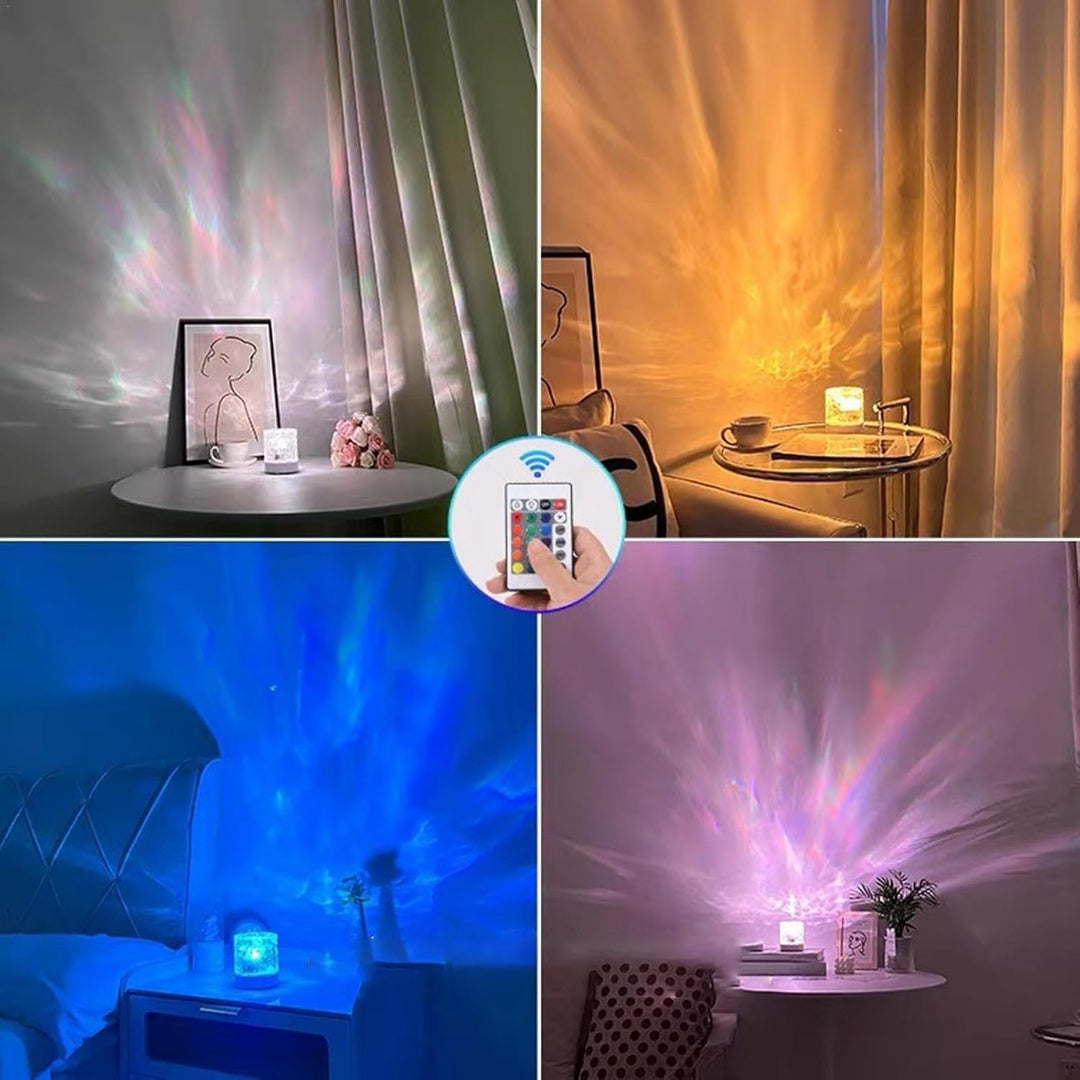 VibeCore Crystal Light Projector showcasing different light colors, offering 16 vibrant hues for customizable ambiance. With touch control, USB rechargeability, and portable design, this projector enhances mood lighting, aesthetic decor, cozy spaces, and vibrant accents in teen rooms, dorm rooms, and beyond.