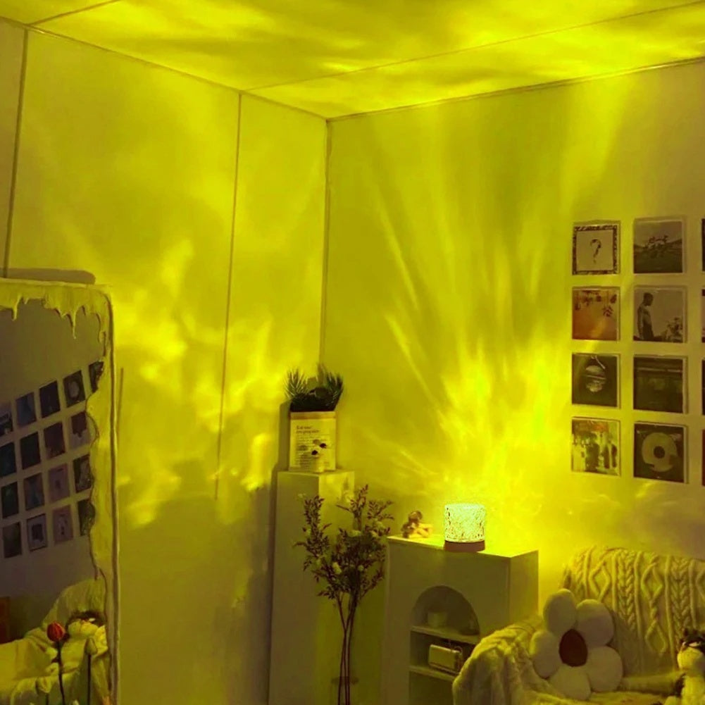 VibeCore Crystal Light Projector displaying yellow light, offering a warm and vibrant glow. With 16 color options, touch control, and USB rechargeability, this projector creates cozy, mood-enhancing ambiance for aesthetic, teen rooms, dorm rooms, and any space in need of colorful decor.