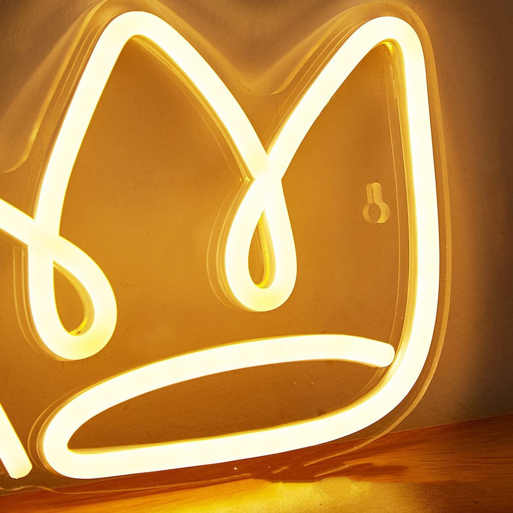 Aesthetic close-up of the VibeCore Cursive Crown Neon Light, USB-powered LED sign for trendy bedroom, dorm, or lounge decor, showcasing its chic, glowing design and royal touch.