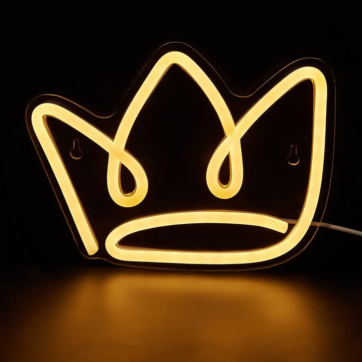 Aesthetic VibeCore Cursive Crown Neon Light lit up, USB-powered LED sign for trendy bedroom, dorm, or lounge decor, casting a chic, glowing ambiance and royal touch to elevate your space.