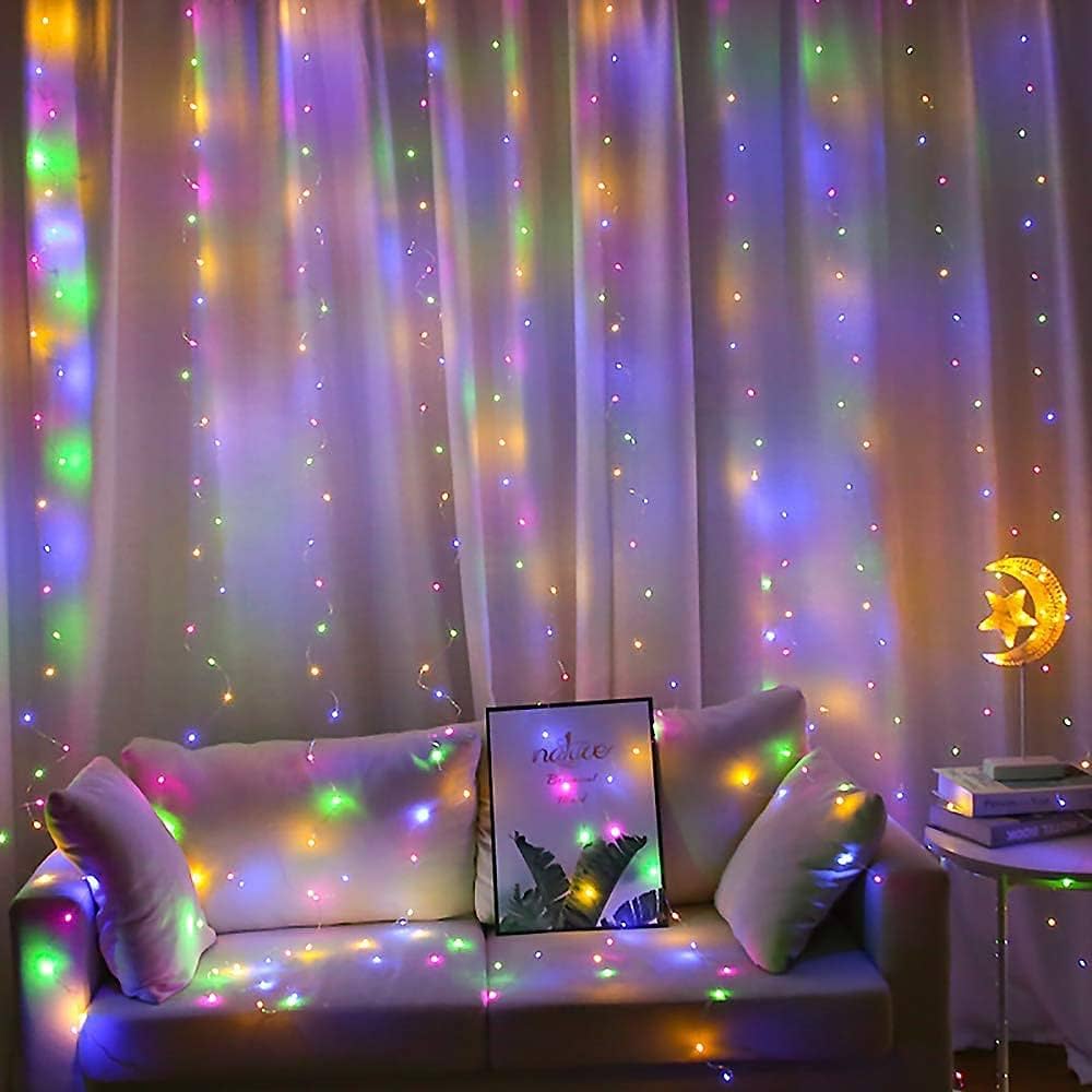 Multicolor curtain string lights hanging, adding vibrant, dynamic lighting to the space.