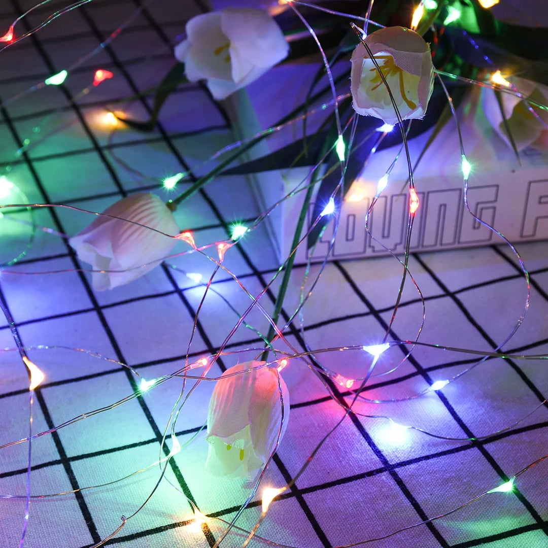 Close-up of multicolor curtain string lights, creating a vibrant and dynamic atmosphere.