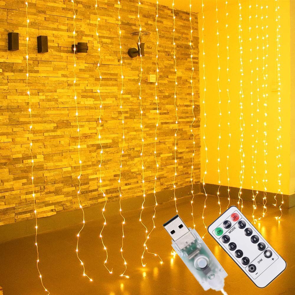 Warm white curtain string lights with remote control, customizable lighting for any space.