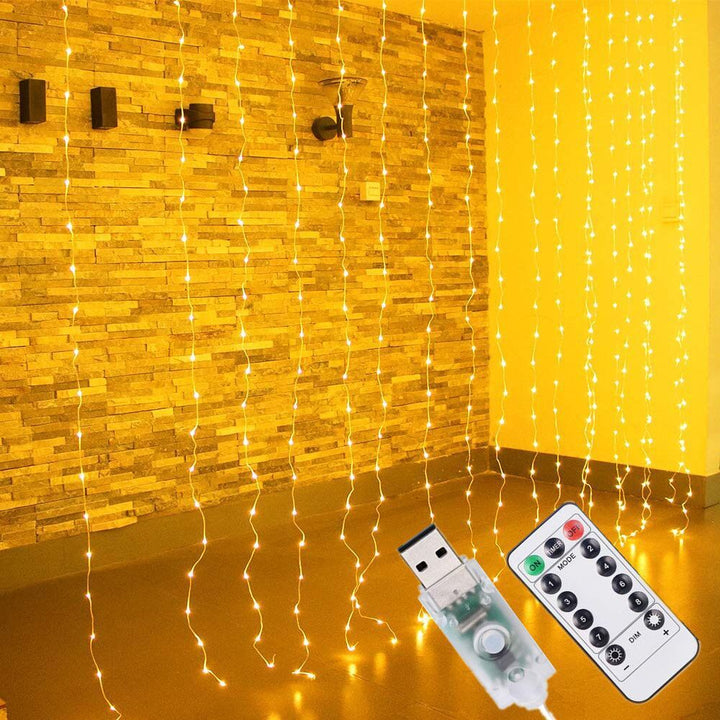 Warm white curtain string lights with remote control, customizable lighting for any space.