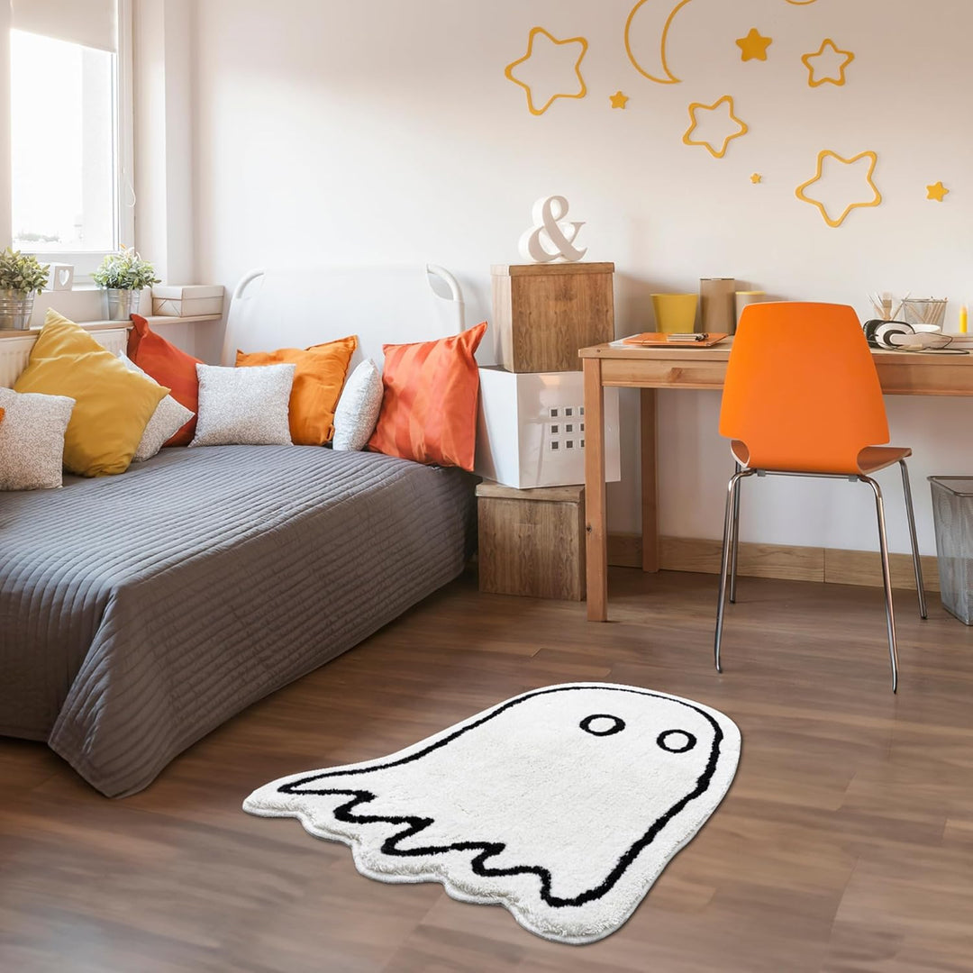 VibeCore Cute Ghost Accent Rug in a bedroom, featuring a playful ghost design on the floor, adding a fun, whimsical vibe to the room's decor.