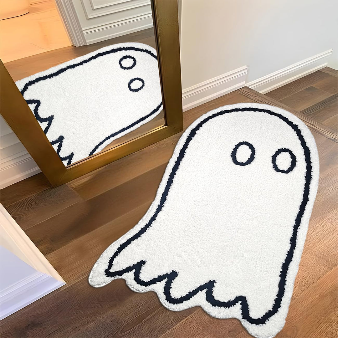 VibeCore Cute Ghost Accent Rug in front of a mirror, featuring a playful ghost design, adding a fun, whimsical vibe to the space with its black and white colors on the floor.
