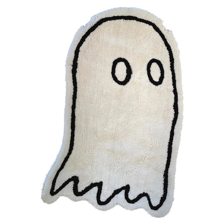 VibeCore Cute Ghost Accent Rug product view, featuring a playful ghost design in black and white, showcasing the soft, fluffy texture and non-slip backing.