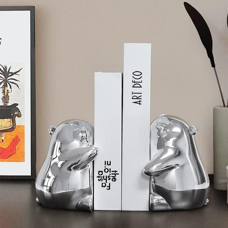 VibeCore Cute Hugging Bears Bookends with two silver noses, holding books in place on a shelf, adding charm and functionality to your decor.