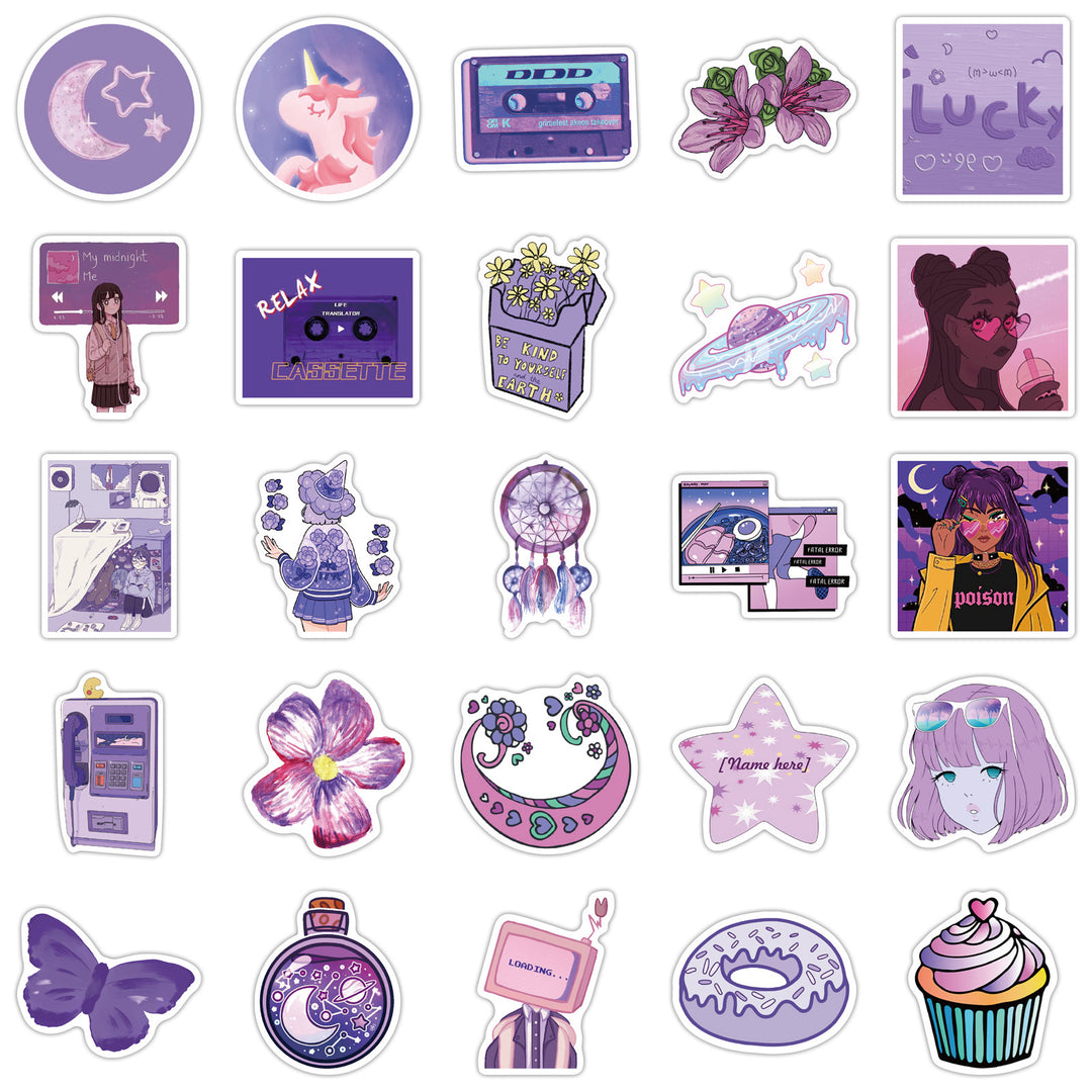 VibeCore Cute Purple Stickers set includes 25 unique, pastel purple, and cute aesthetic stickers, ideal for decorating your laptop, phone, water bottle, and more.