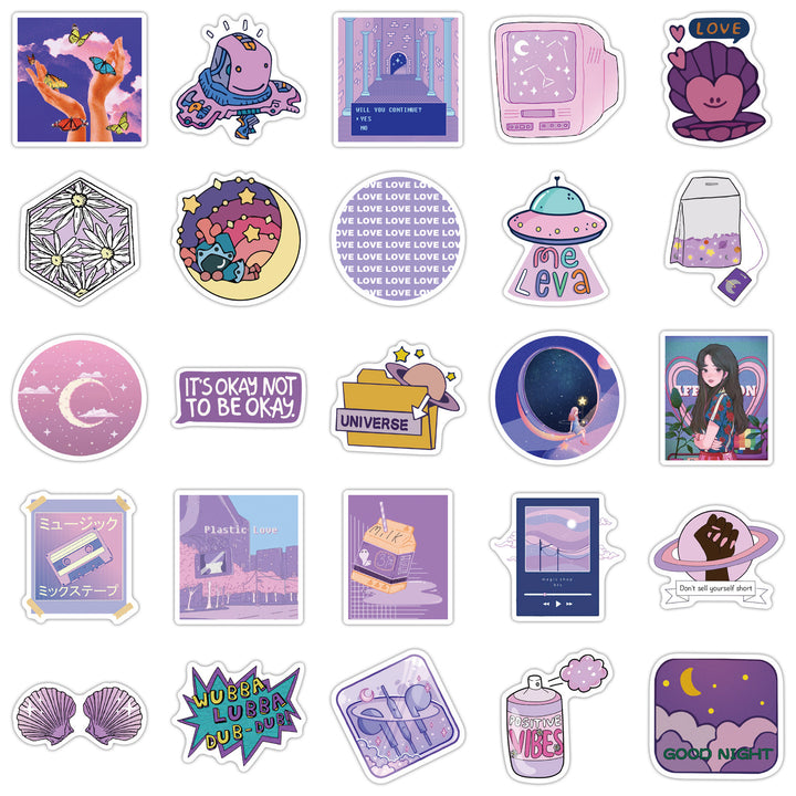 VibeCore Cute Purple Stickers features another 25 unique, pastel purple aesthetic designs, perfect for personalizing your laptop, phone, water bottle, or accessories.