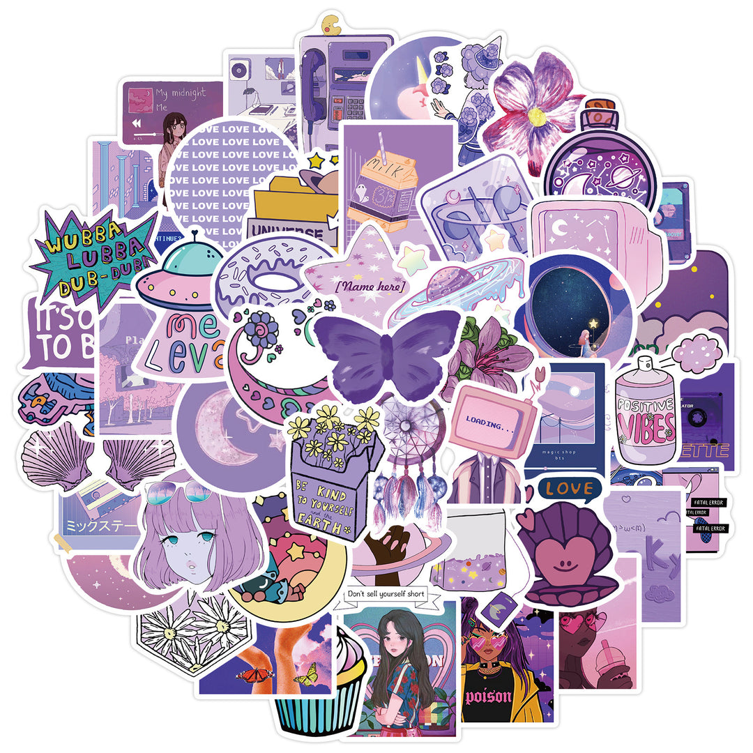 VibeCore Cute Purple Stickers Circular Cluster featuring pastel purple, vibrant flowers, objects, butterflies, stars, and other fun, trendy designs for a playful touch.