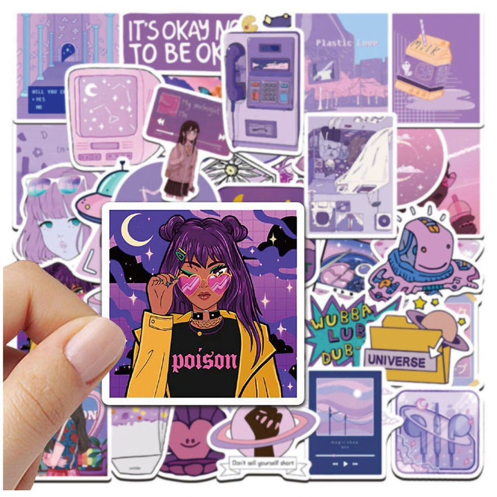 Close-up of a cute purple sticker featuring a girl illustration in soft pastel purple hues, perfect for adding a stylish, aesthetic touch to your accessories.