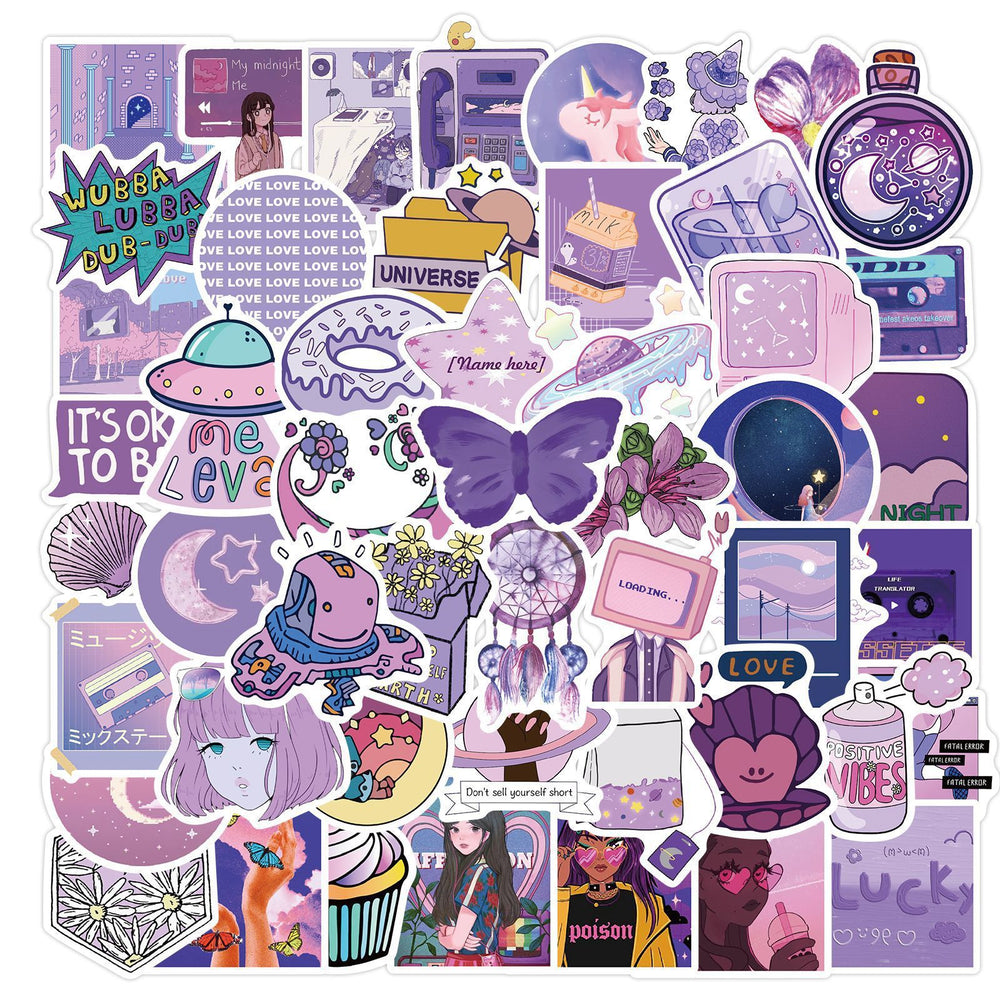 VibeCore Cute Purple Stickers Square Cluster with pastel purple tones, flowers, hearts, butterflies, stars, and trendy designs perfect for customizing accessories.