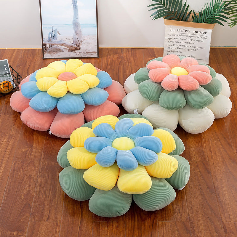 VibeCore Daisy Flower Throw Pillow available in three different sizes. Featuring a cute flower-shaped design, soft fabric, and plush PP cotton filling, this pillow adds a playful, cheerful touch to any space.