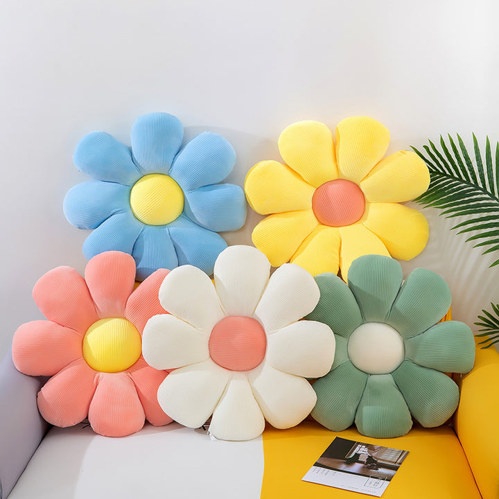 VibeCore Daisy Flower Throw Pillow in 5 different colors, featuring a cute flower-shaped design. Soft fabric with plush PP cotton filling, adding a playful, sunny touch to your bed, couch, or favorite seat. Perfect for bringing year-round summer vibes and cheerful accents to any room.