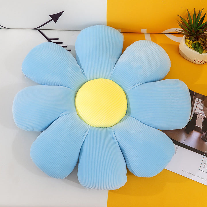 VibeCore Daisy Flower Throw Pillow in blue, showcasing a cute flower-shaped design. Crafted from soft fabric with plush PP cotton filling, this pillow adds a fresh, playful touch to your bed, couch, or favorite seat.