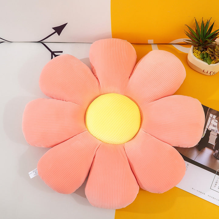 VibeCore Daisy Flower Throw Pillow in pink, featuring a cute flower-shaped design. Made with soft fabric and plush PP cotton filling, this pillow adds a playful, cheerful touch to your bed, couch, or favorite seat.