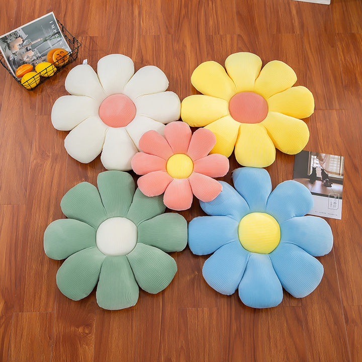 VibeCore Daisy Flower Throw Pillow available in Small and Large sizes. Featuring a cute flower-shaped design with soft fabric and plush PP cotton filling, this pillow adds a playful, sunny touch to any space.