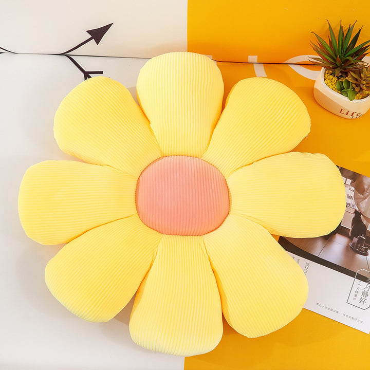 VibeCore Daisy Flower Throw Pillow in yellow, featuring a cute flower-shaped design. Crafted from soft fabric and plush PP cotton filling, this pillow adds a cheerful, sunny touch to your bed, couch, or favorite seat.