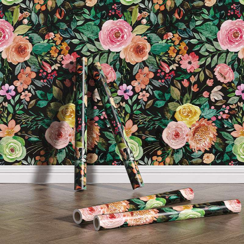 VibeCore Dark Watercolor Floral Self-Adhesive Wallpaper – A close-up view of the dark watercolor floral self-adhesive wallpaper showcasing its vibrant floral pattern with a deep, moody backdrop.