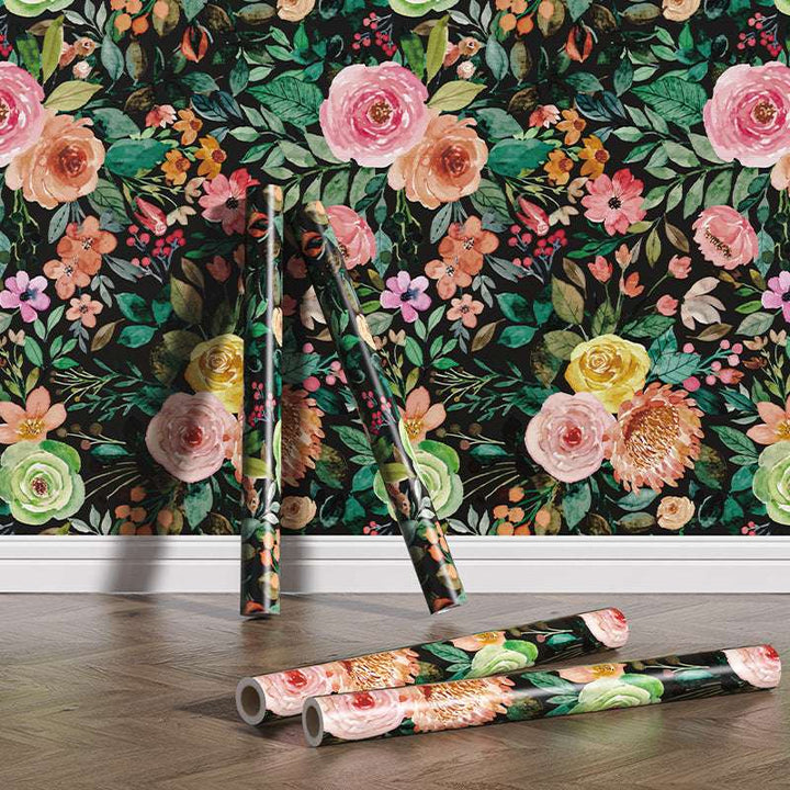 VibeCore Dark Watercolor Floral Self-Adhesive Wallpaper – A close-up view of the dark watercolor floral self-adhesive wallpaper showcasing its vibrant floral pattern with a deep, moody backdrop.
