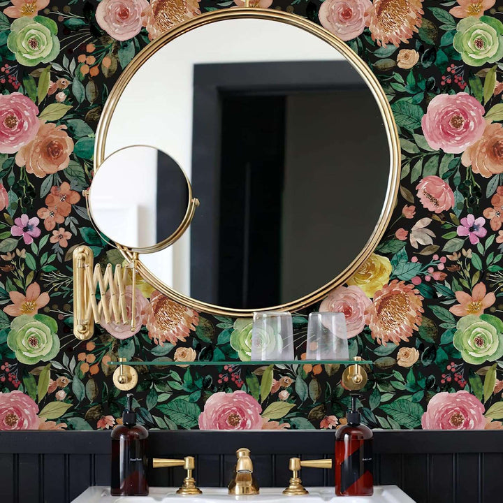 A view of the dark watercolor floral self-adhesive wallpaper installed on the wall of a bathroom, creating a stunning, artistic focal point with its rich floral design against the dark backdrop.