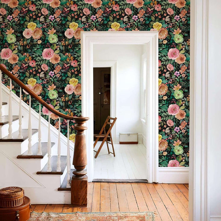 A close-up shot of the dark watercolor floral self-adhesive wallpaper applied to the foyer wall, showcasing its vibrant floral design and sophisticated dark backdrop.