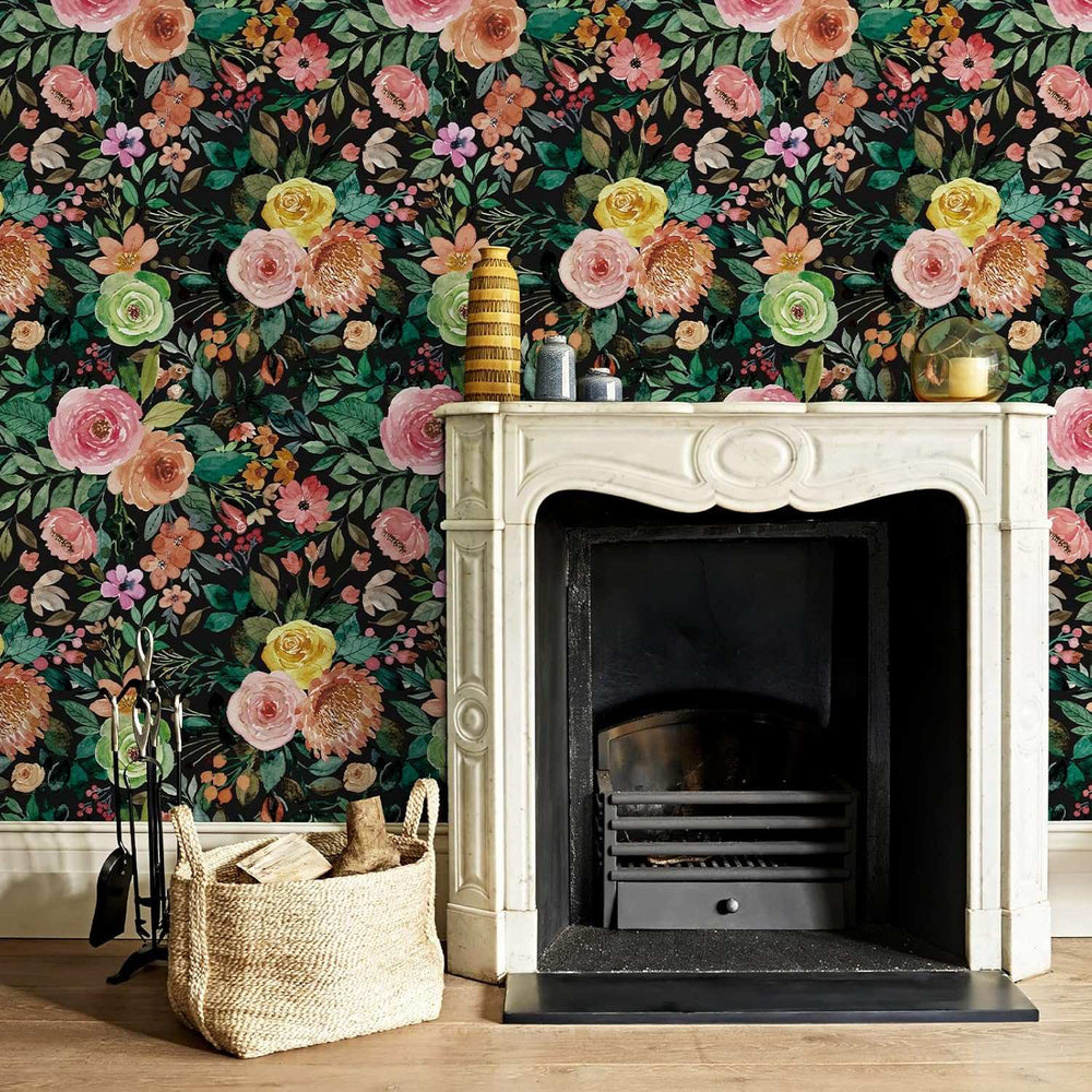 A view of the dark watercolor floral self-adhesive wallpaper applied to the living room wall, enhancing the space with its colorful floral pattern and dark backdrop.