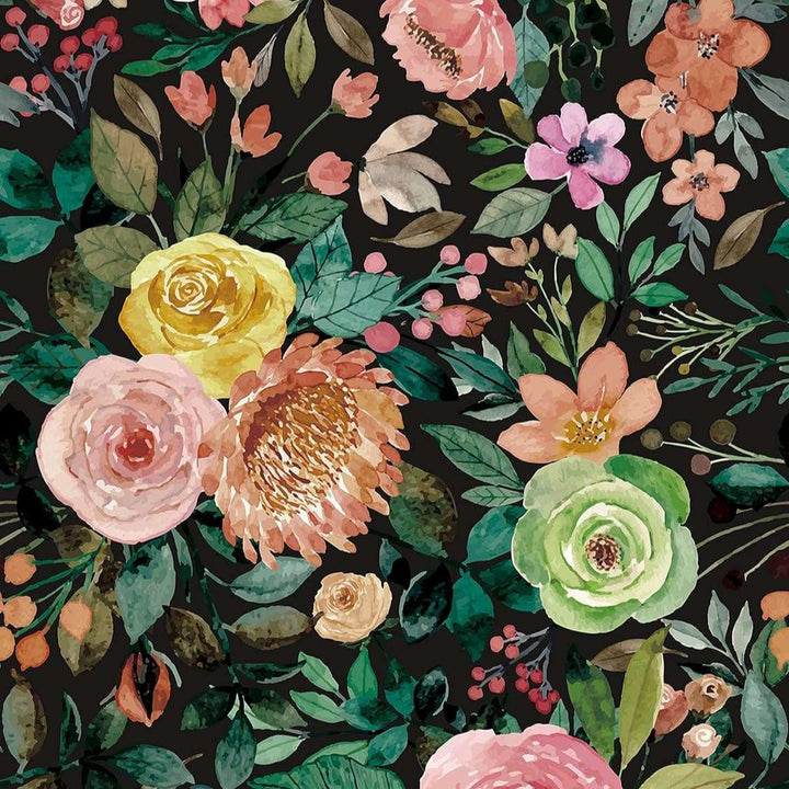 VibeCore Dark Watercolor Floral Self-Adhesive Wallpaper close-up of floral pattern, featuring vibrant flowers on a dark background with a watercolor design.