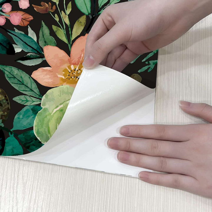VibeCore Dark Watercolor Floral Self-Adhesive Wallpaper Peel and Stick, showcasing floral pattern on dark backdrop with easy peel-and-stick installation for effortless home decor.