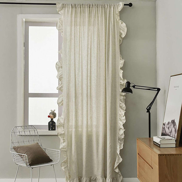 VibeCore Delicate Ruffles Curtain in beige, showcasing soft ruffle detailing and semi-sheer fabric, adding a cozy, bohemian touch to the room.